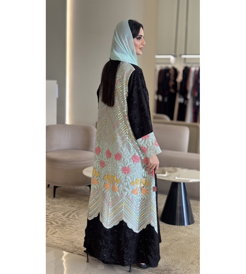 Rethread Rose and Sky Embroidery Abaya Transparent Shiffon