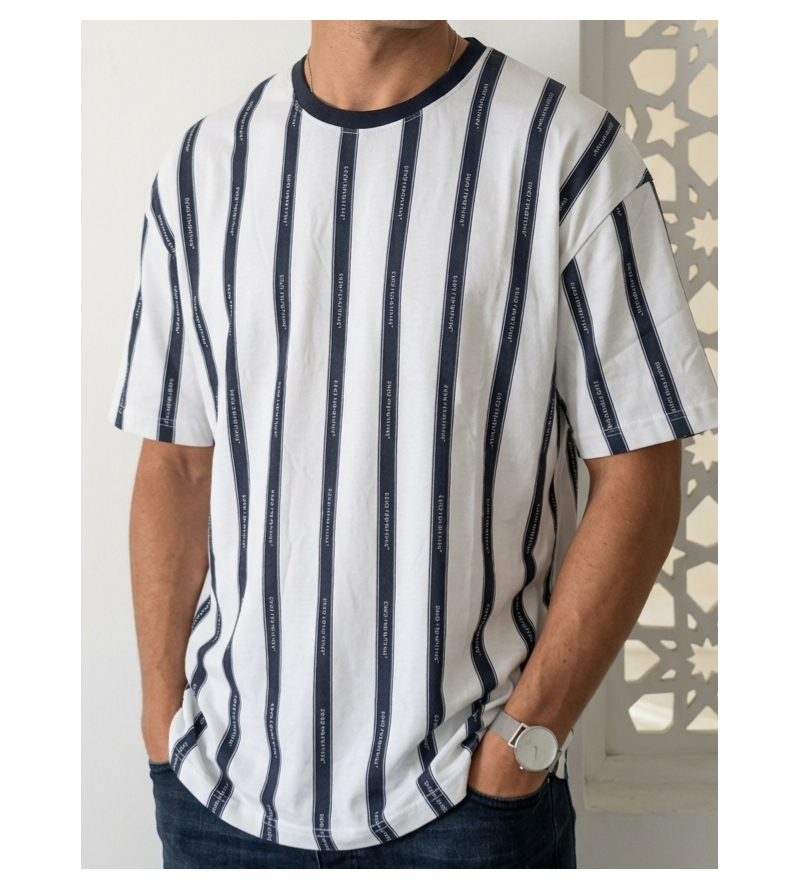 Good For Nothing Men's Vertical Stripe Oversized T-Shirt – White & Navy