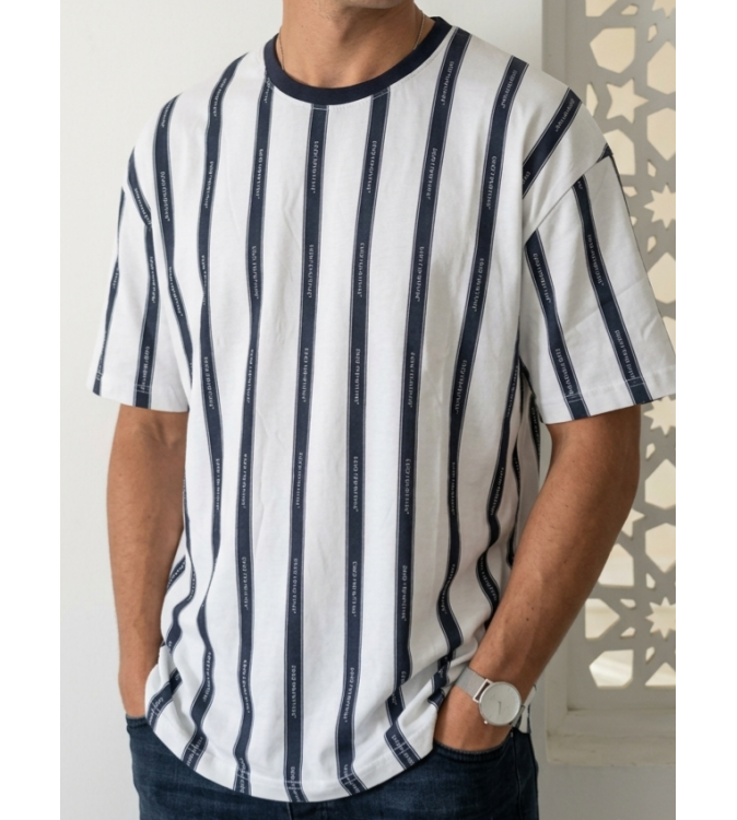 Good For Nothing Men's Vertical Stripe Oversized T-Shirt – White & Navy