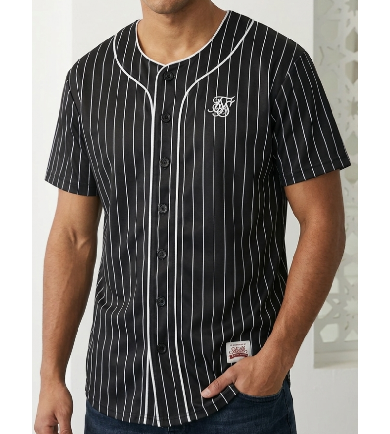 SikSilk Men's Pinstripe Baseball Jersey Shirt – Black & White