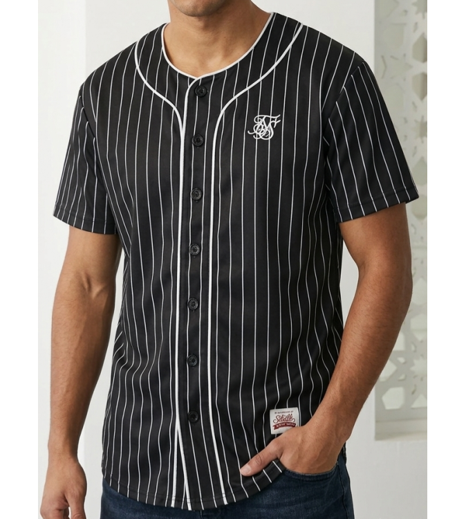 SikSilk Men's Pinstripe Baseball Jersey Shirt – Black & White