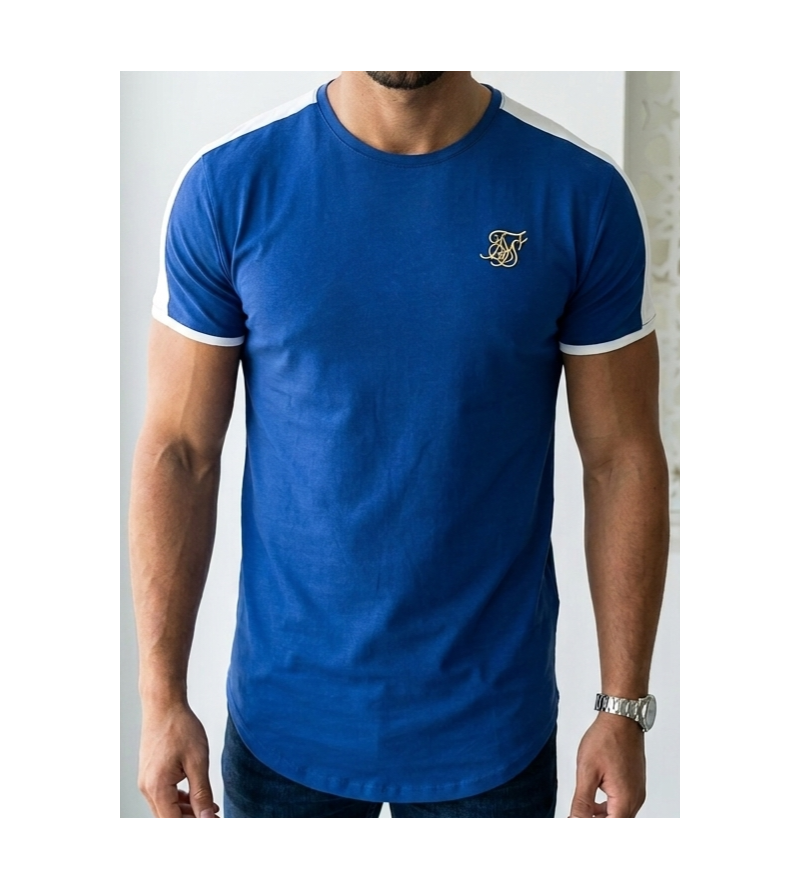 SikSilk Men's Curved Hem Panel T-Shirt – Cobalt Blue & White