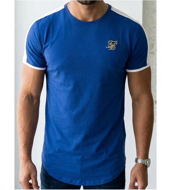 SikSilk Men's Curved Hem Panel T-Shirt – Cobalt Blue & White