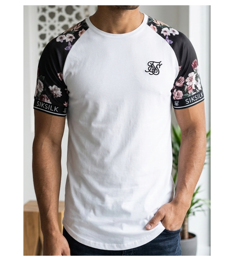 SikSilk Men's Imperial Floral Raglan T-Shirt – White & Black Multi