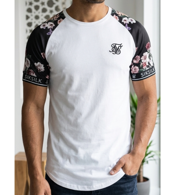 SikSilk Men's Imperial Floral Raglan T-Shirt – White & Black Multi
