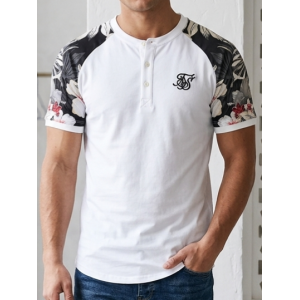 SikSilk Men's Tropical Floral Henley Raglan T-Shirt – White Multi
