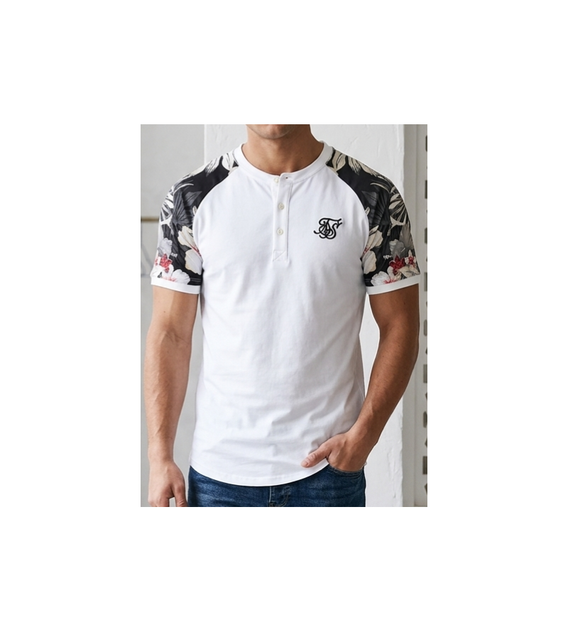 SikSilk Men's Tropical Floral Henley Raglan T-Shirt – White Multi