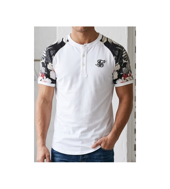 SikSilk Men's Tropical Floral Henley Raglan T-Shirt – White Multi