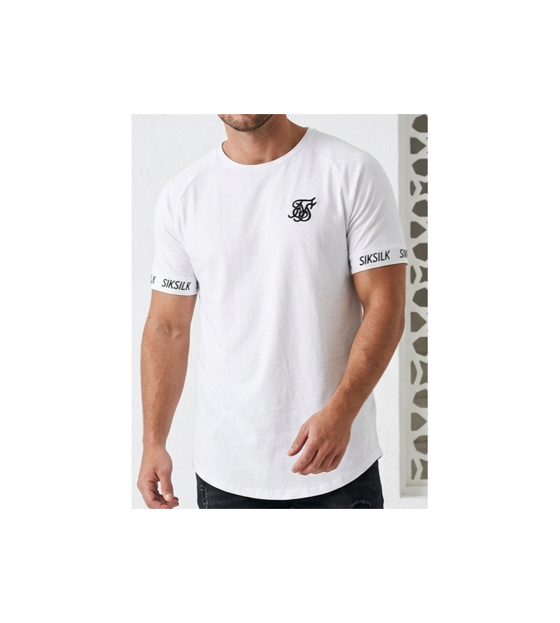 SIKSILK Inset Logo Tape Curved Hem Tee (White)