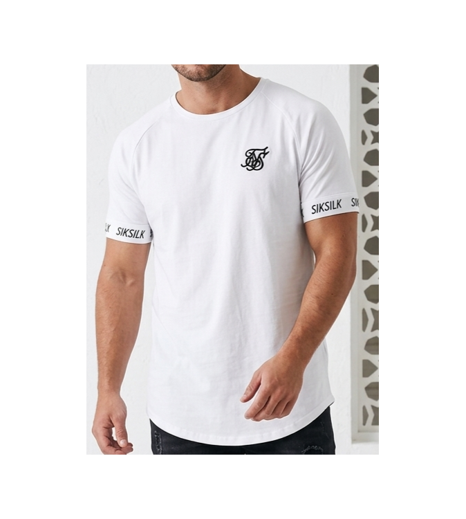 SIKSILK Inset Logo Tape Curved Hem Tee (White)