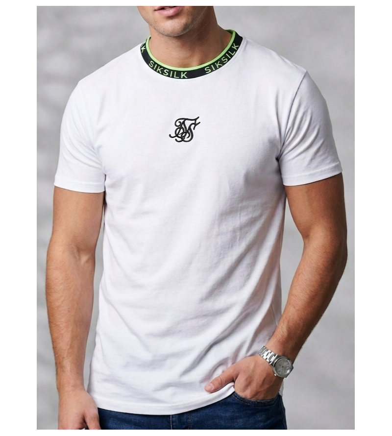 SIKSILK Neon Trim Curved Hem Tee (White)