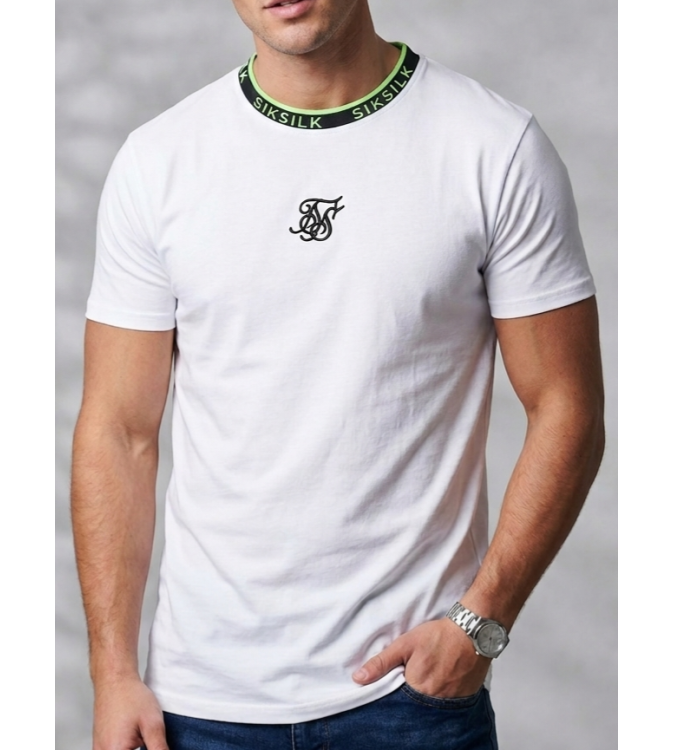SIKSILK Neon Trim Curved Hem Tee (White)