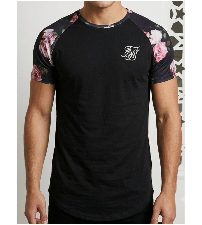 SikSilk Men’s Floral Raglan Curved-Hem T-Shirt