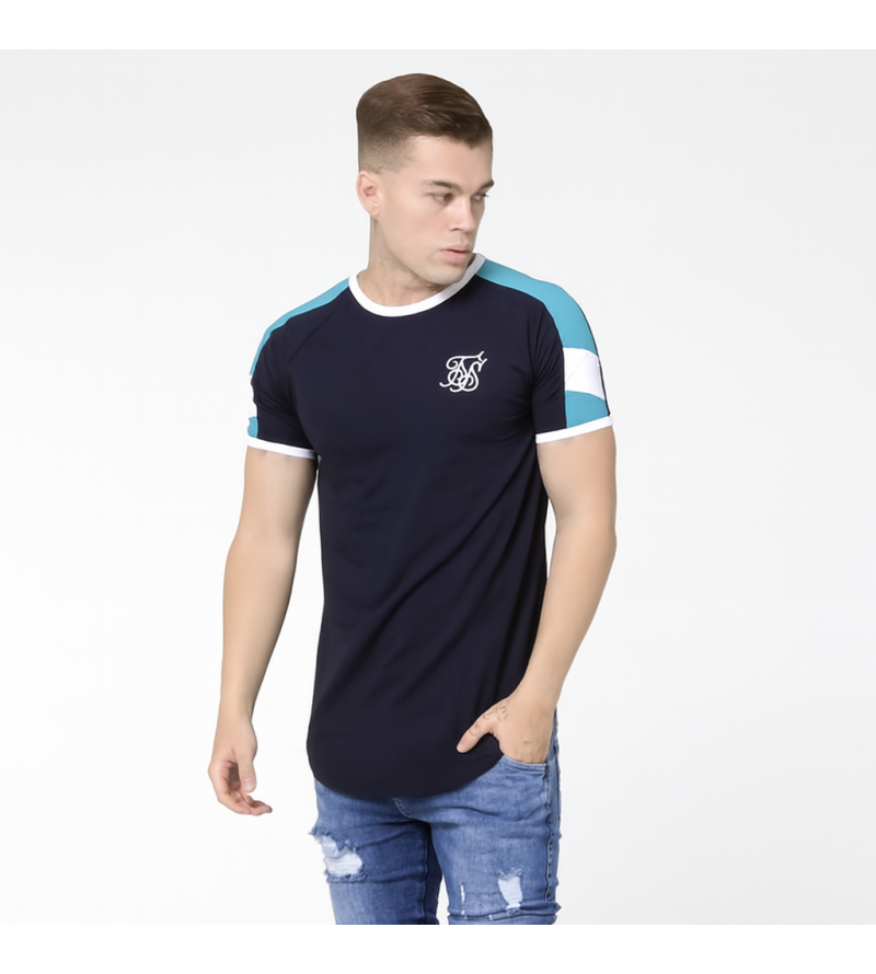 SikSilk Shelly Gym Tee - Navy, White & Teal