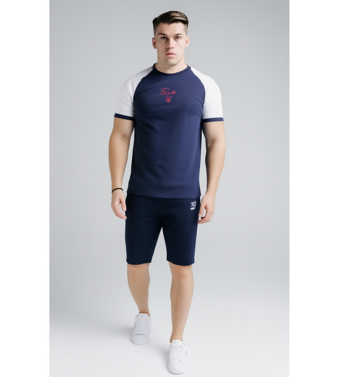 SikSilk Men's Raglan Sleeve Graphic T-Shirt – Navy Blue & White