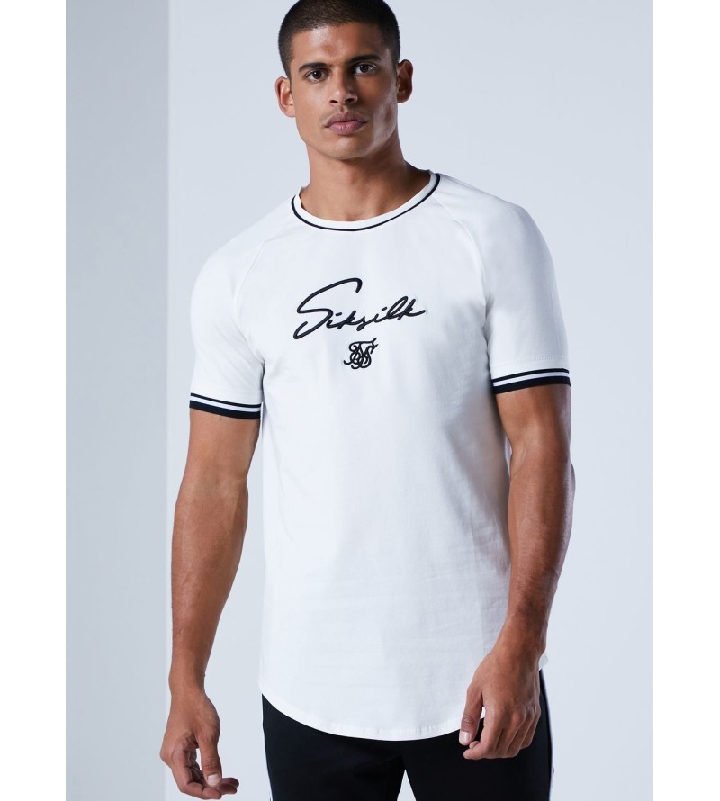 SikSilk Men's Curved Hem Graphic T-Shirt – Crisp White & Black