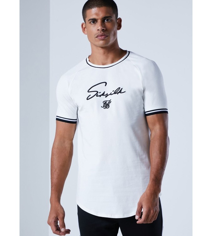 SikSilk Men's Curved Hem Graphic T-Shirt – Crisp White & Black